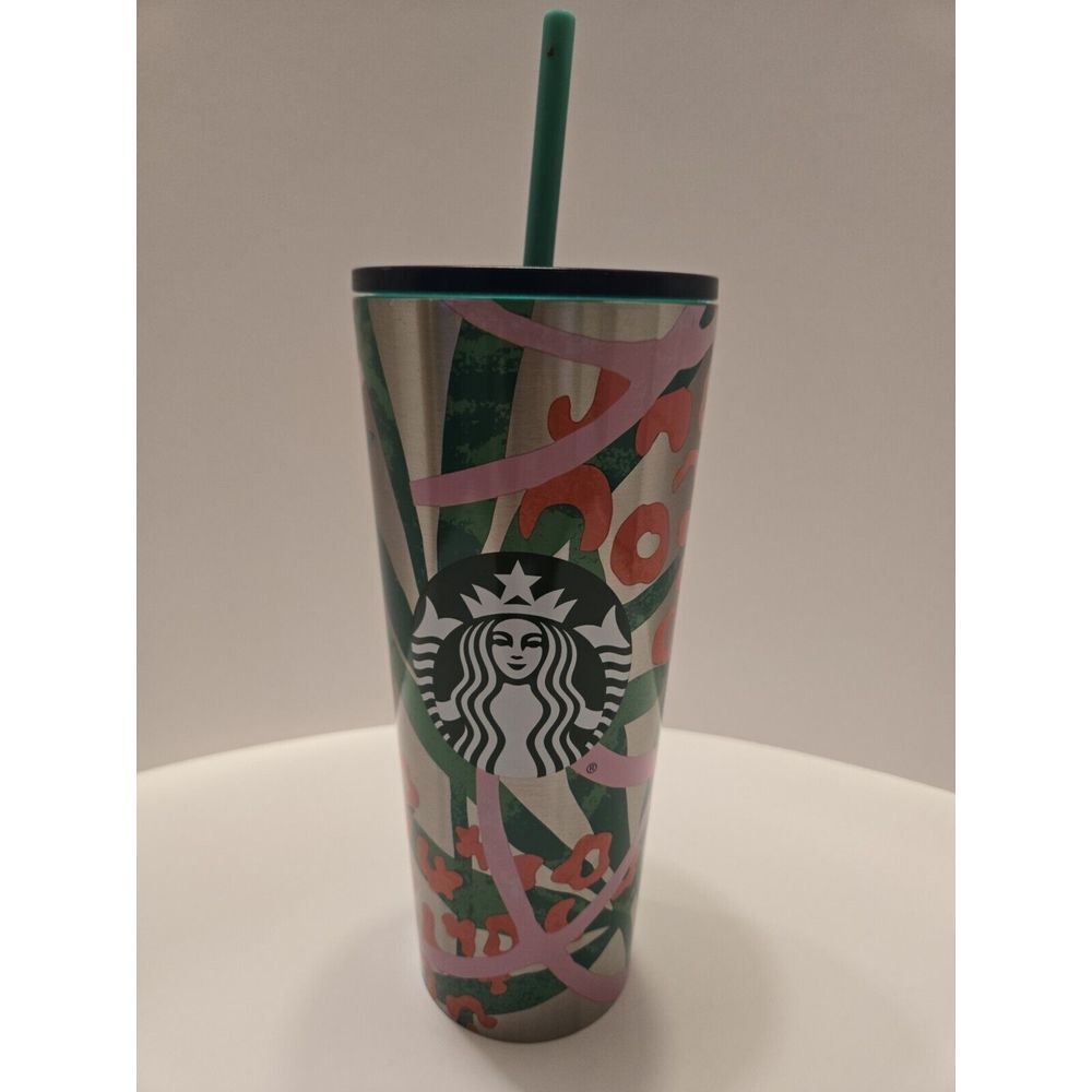 Starbucks Green‎ Pink Jungle Print Stainless Tumbler Cup 24 Oz Venti